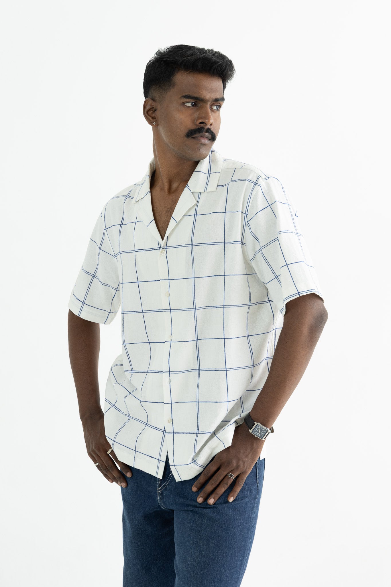 Window Pane White  Handblock Printed Shirt